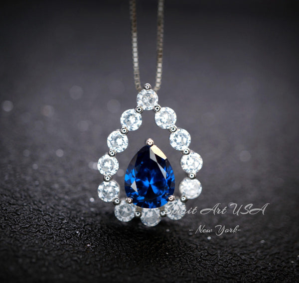 Blue Sapphire Necklace 18kgp Sterling Silver - Gemstone Halo - Teardrop Blue Sapphire Pendant - September Birthstone - Pear Cut 2.6 CT #954