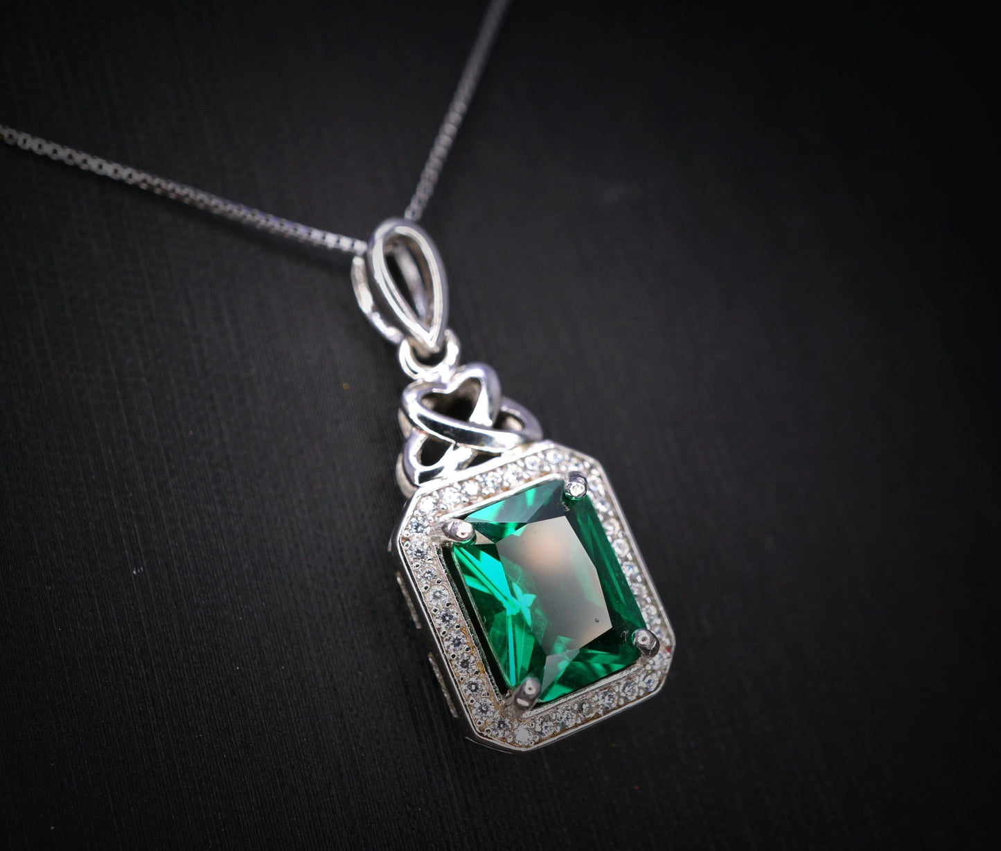 Emerald Necklace - Rectangle Gemstone Sterling Silver 3.5 CT Green Gemstone Pendant White Gold Plated #324