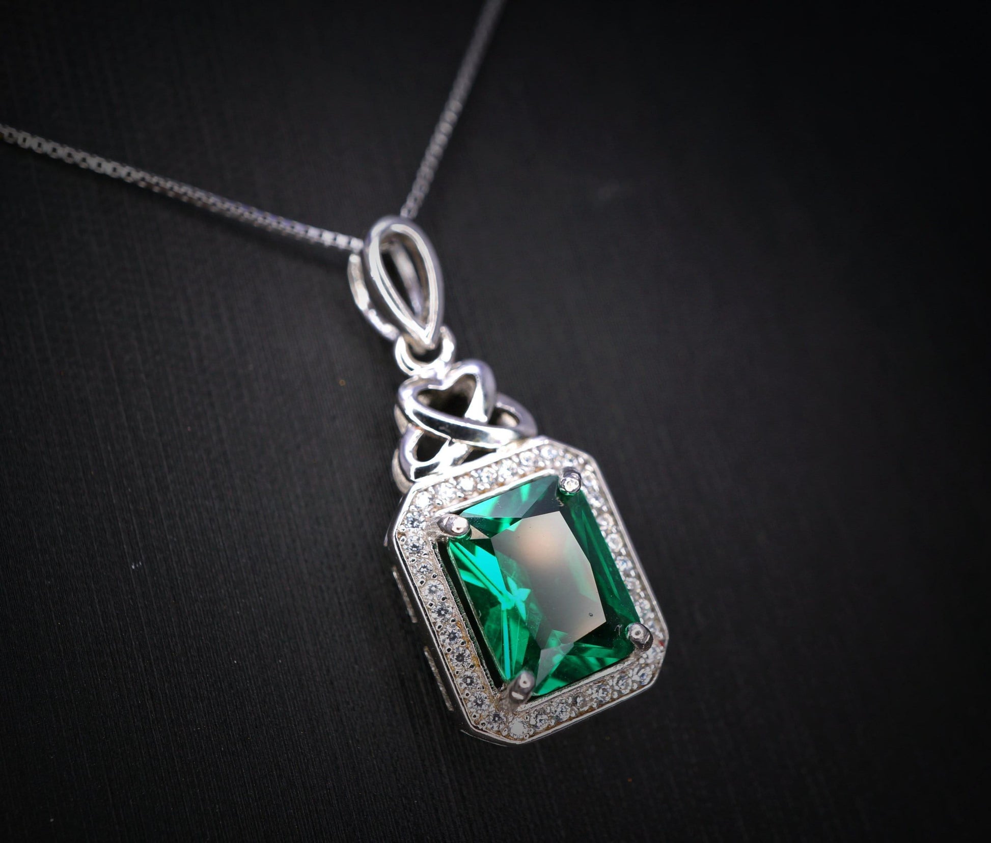 Emerald Necklace - Rectangle Gemstone Sterling Silver 3.5 CT Green Gemstone Pendant White Gold Plated #324