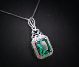 Emerald Necklace - Rectangle Gemstone Sterling Silver 3.5 CT Green Gemstone Pendant White Gold Plated #324