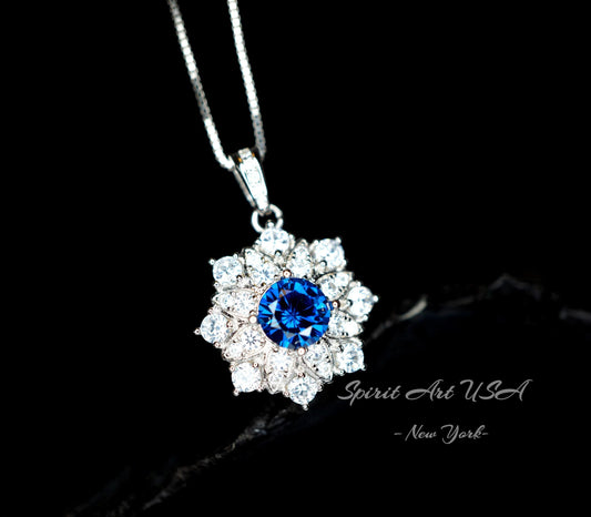Blue Sapphire Necklace Gemstone Eight Petal Flower Necklace - Snowflake Pendant 18KGP @ Sterling Silver September Birthstone #944