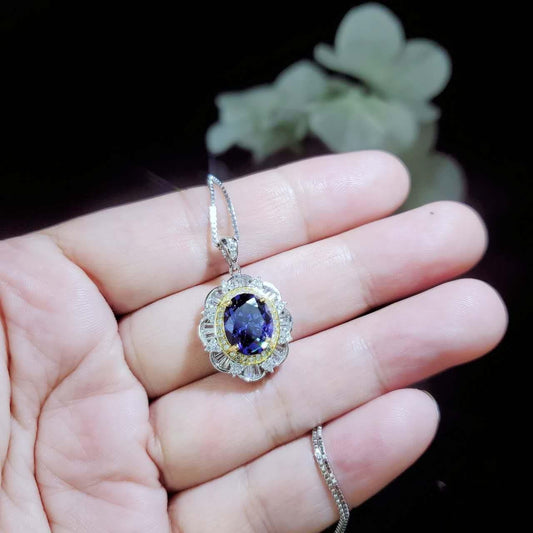 Large Tanzanite Necklace Gemstone Lotus Solitaire 3 CT Blue Gemstone Pendant December Birthstone White Gold plated #712