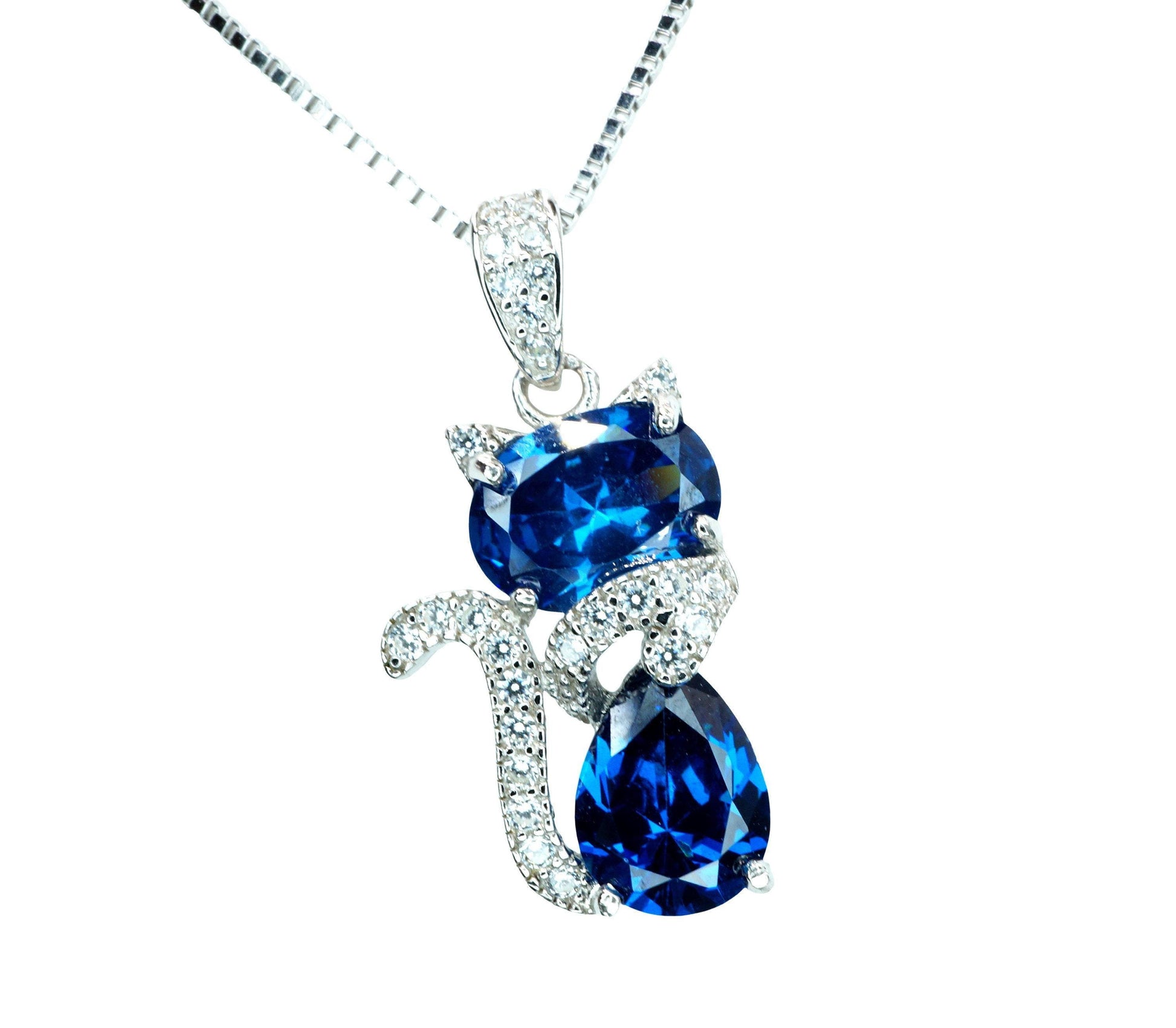 Cat Blue Sapphire Necklace, Kitty Cat Blue Sapphire Pendant Gemstone White Gold Plated Sterling Silver Pets Lover Jewelry #219