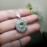 Natural Peridot Necklace - 18KGP Sterling Silver - 1.5 Ct Triple Gemstone Halo - Genuine Green Peridot Pendant #842