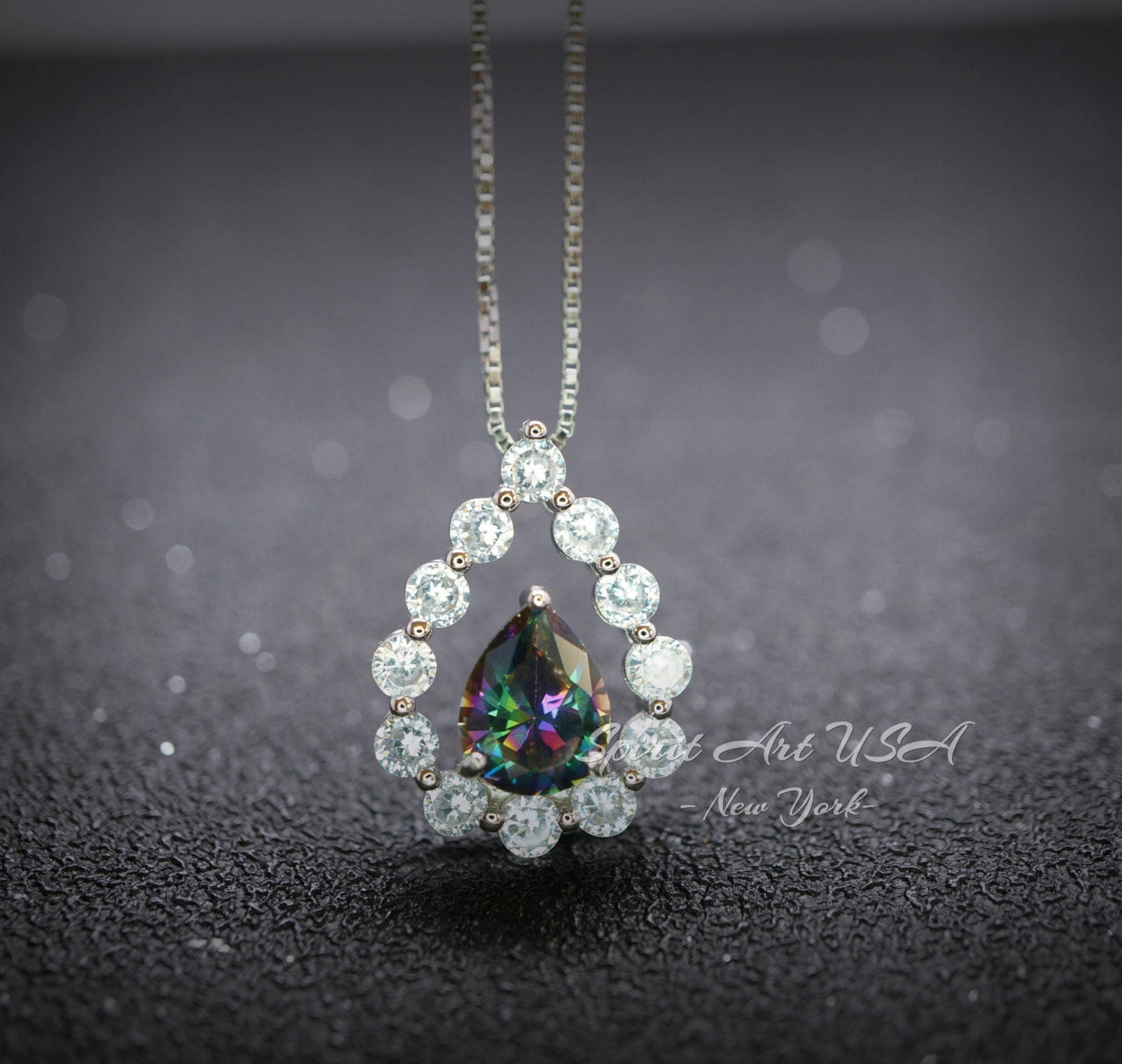 Mystic Topaz Necklace - 18kgp Sterling Silver - Gemstone Halo - Teardrop Rainbow Mystic Topaz Pendant - Pear Cut 2.6 CT #399