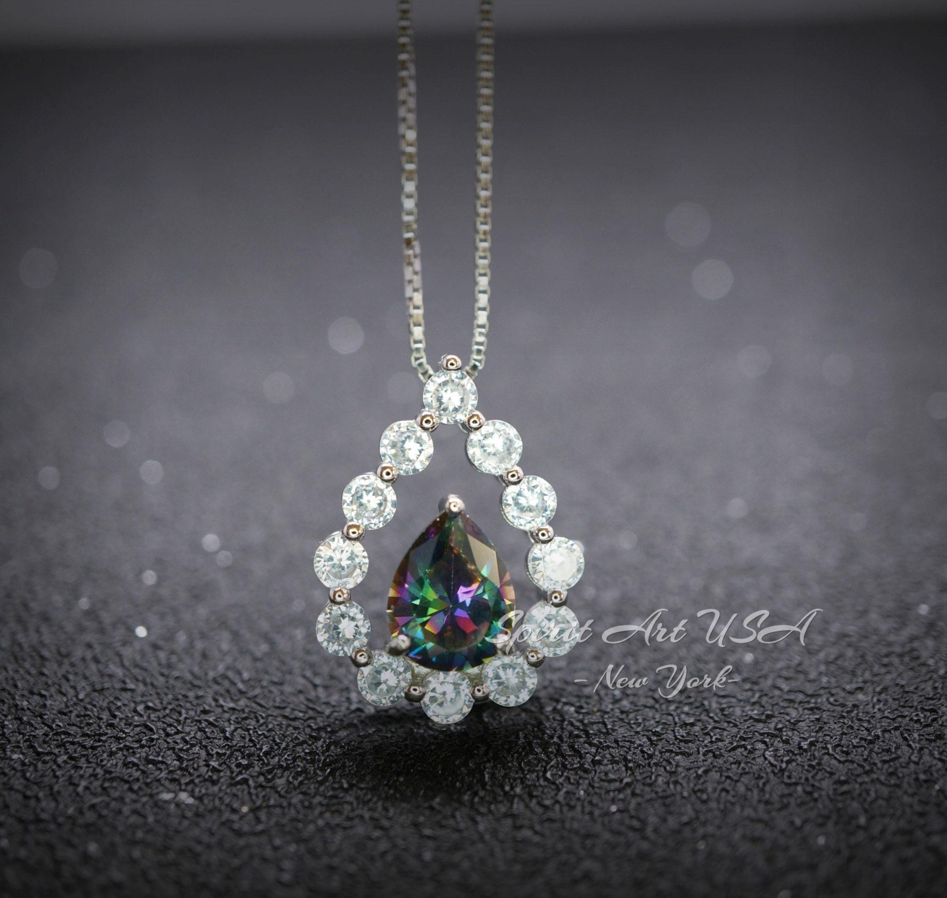 Mystic Topaz Necklace - 18kgp Sterling Silver - Gemstone Halo - Teardrop Rainbow Mystic Topaz Pendant - Pear Cut 2.6 CT #399