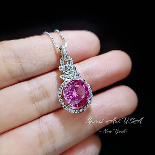 Pink tourmaline Round Cut Dimond Circle White gold Sterling silver 10mm Pink Tourmaline Jewelry #951
