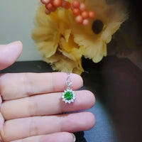 Minimalist Green Diopside Necklace Sterling Silver Sunflower Princess Diana Style Tiny Green Gemstone Pendant 1102