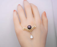 Genuine Black Pearl Necklace, Gold coated sterling Silver Teardrop Cubic Zirconia Black Pearl Jewelry #735
