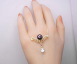Genuine Black Pearl Necklace, Gold coated sterling Silver Teardrop Cubic Zirconia Black Pearl Jewelry #735