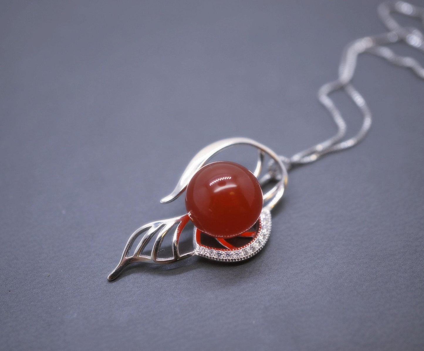 Sterling Silver Red Carnelian Necklace 925 Silver Flower Leaf Red Stone Energy Red Carnelian Jewelry #352