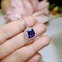Large Square Amethyst Necklace - 18KGP @ Sterling Silver - Lab Created Synthetic Amethyst Jewelry #347
