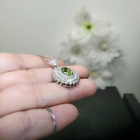 Natural Peridot Necklace - 18KGP Sterling Silver - 1.5 Ct Triple Gemstone Halo - Genuine Green Peridot Pendant #842