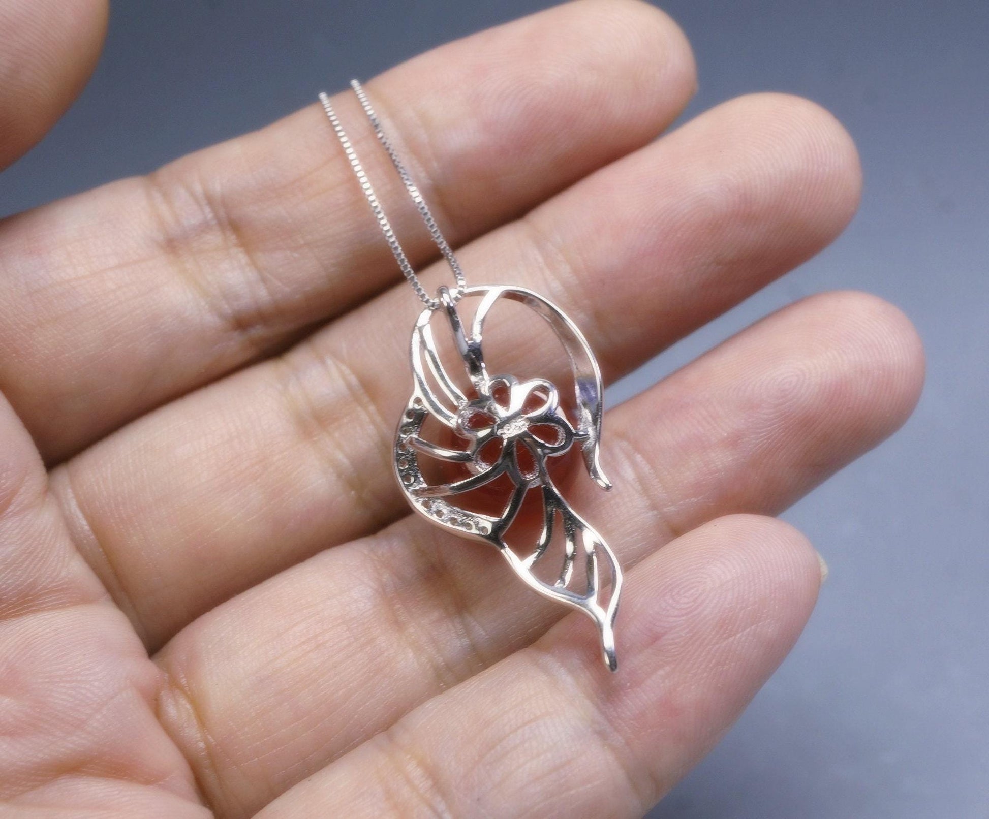 Sterling Silver Red Carnelian Necklace 925 Silver Flower Leaf Red Stone Energy Red Carnelian Jewelry #352