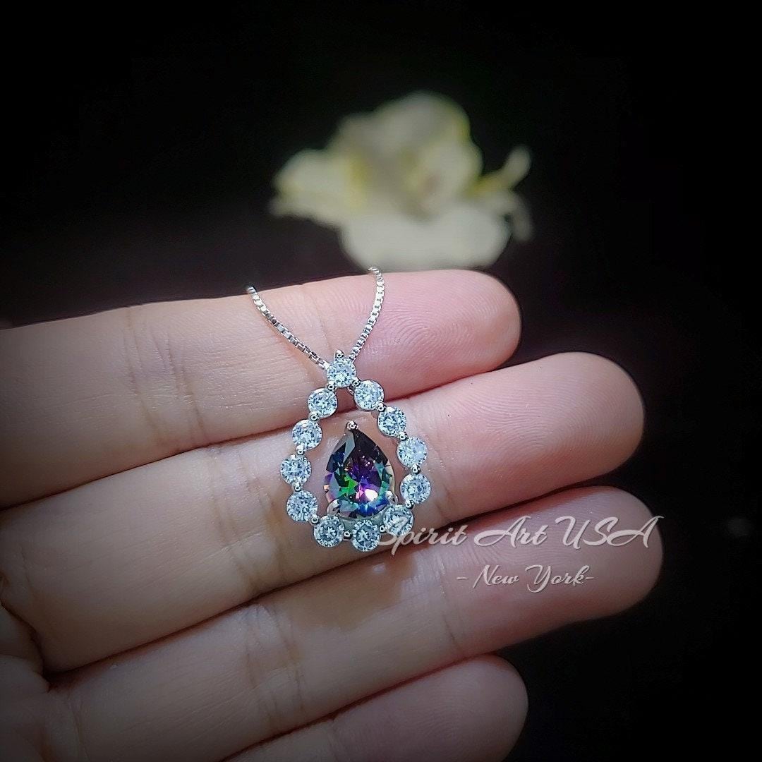 Mystic Topaz Necklace - 18kgp Sterling Silver - Gemstone Halo - Teardrop Rainbow Mystic Topaz Pendant - Pear Cut 2.6 CT #399