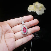 Large Teardrop Ruby Necklace - 3 CT Red Ruby Pendant - Gemstone Petal Flower - Wheat Style Necklace - 18KGP @ Sterling Silver #895