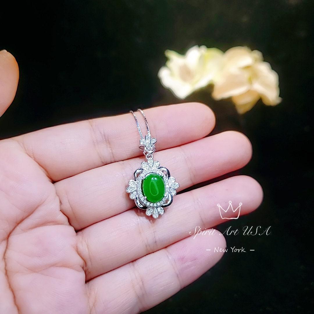 Gemstone Flower Green Jade Necklace - White Gold Coated Sterling Silver Oval Jade Jewelry #672