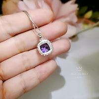 Large Square Amethyst Necklace - 18KGP @ Sterling Silver - Lab Created Synthetic Amethyst Jewelry #347