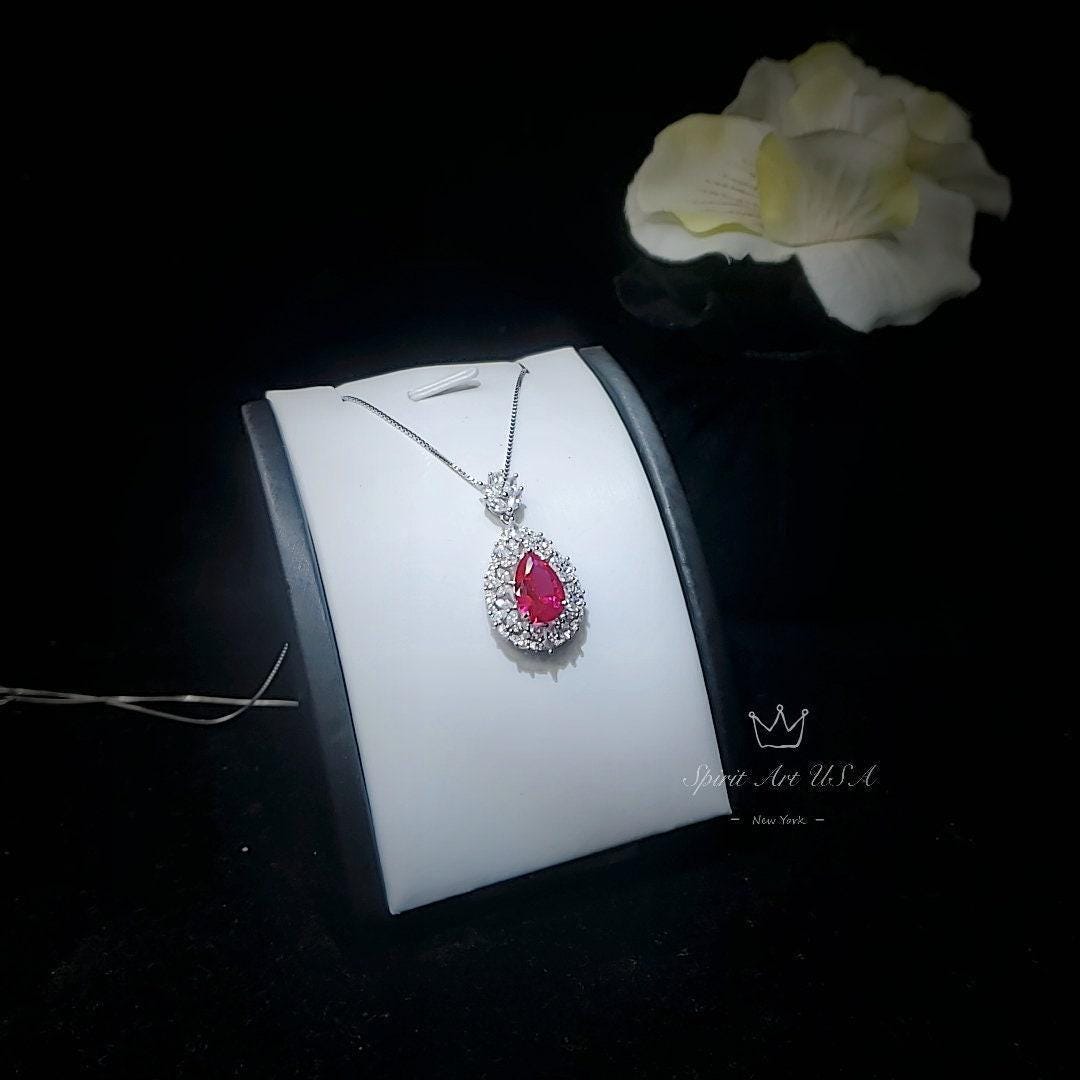 Large Teardrop Ruby Necklace - 3 CT Red Ruby Pendant - Gemstone Petal Flower - Wheat Style Necklace - 18KGP @ Sterling Silver #895