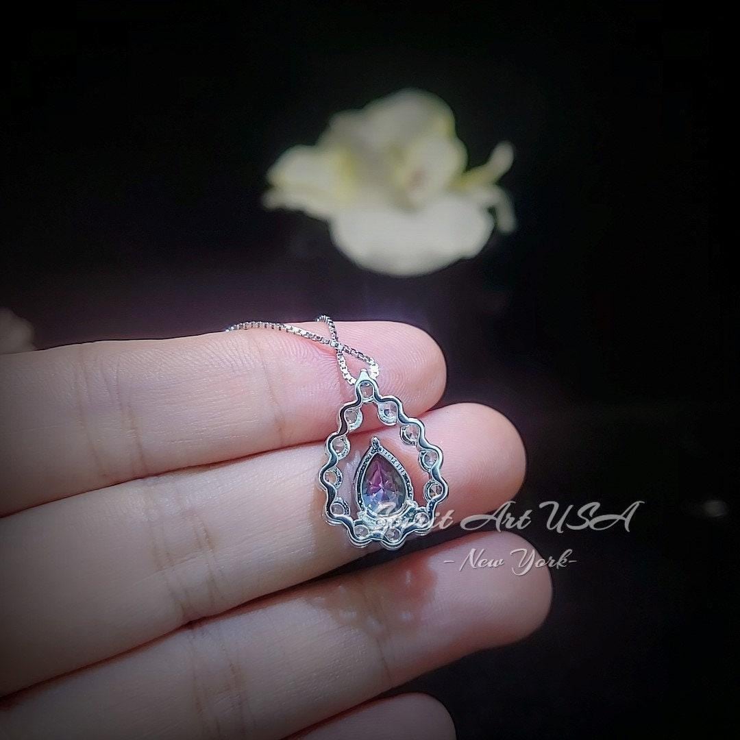 Mystic Topaz Necklace - 18kgp Sterling Silver - Gemstone Halo - Teardrop Rainbow Mystic Topaz Pendant - Pear Cut 2.6 CT #399