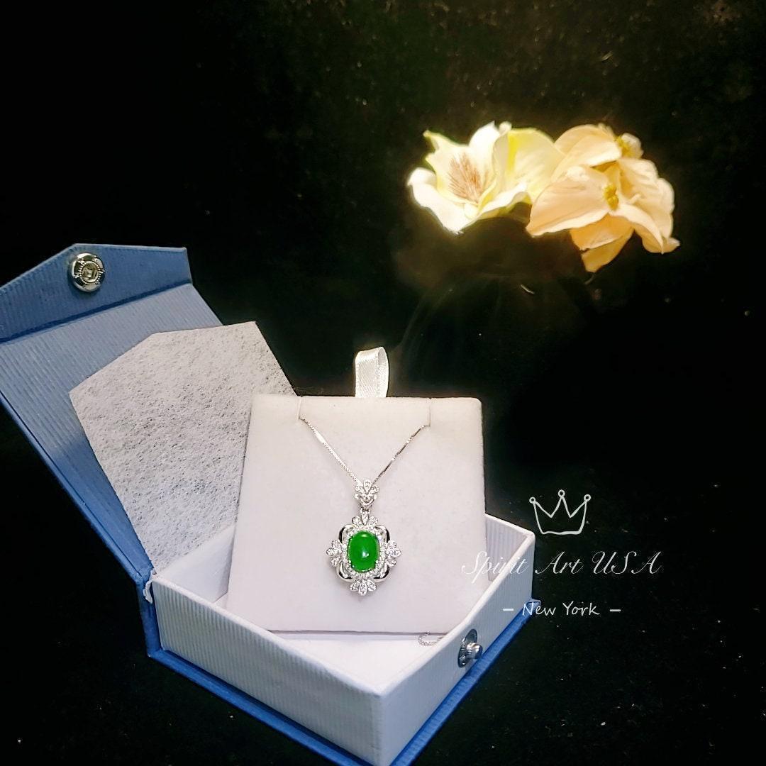 Gemstone Flower Green Jade Necklace - White Gold Coated Sterling Silver Oval Jade Jewelry #672