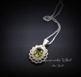 Double Gemstone Halo Peridot Necklace - White Gold coated Sterling Silver Created Green Gemstone Jewelry #677