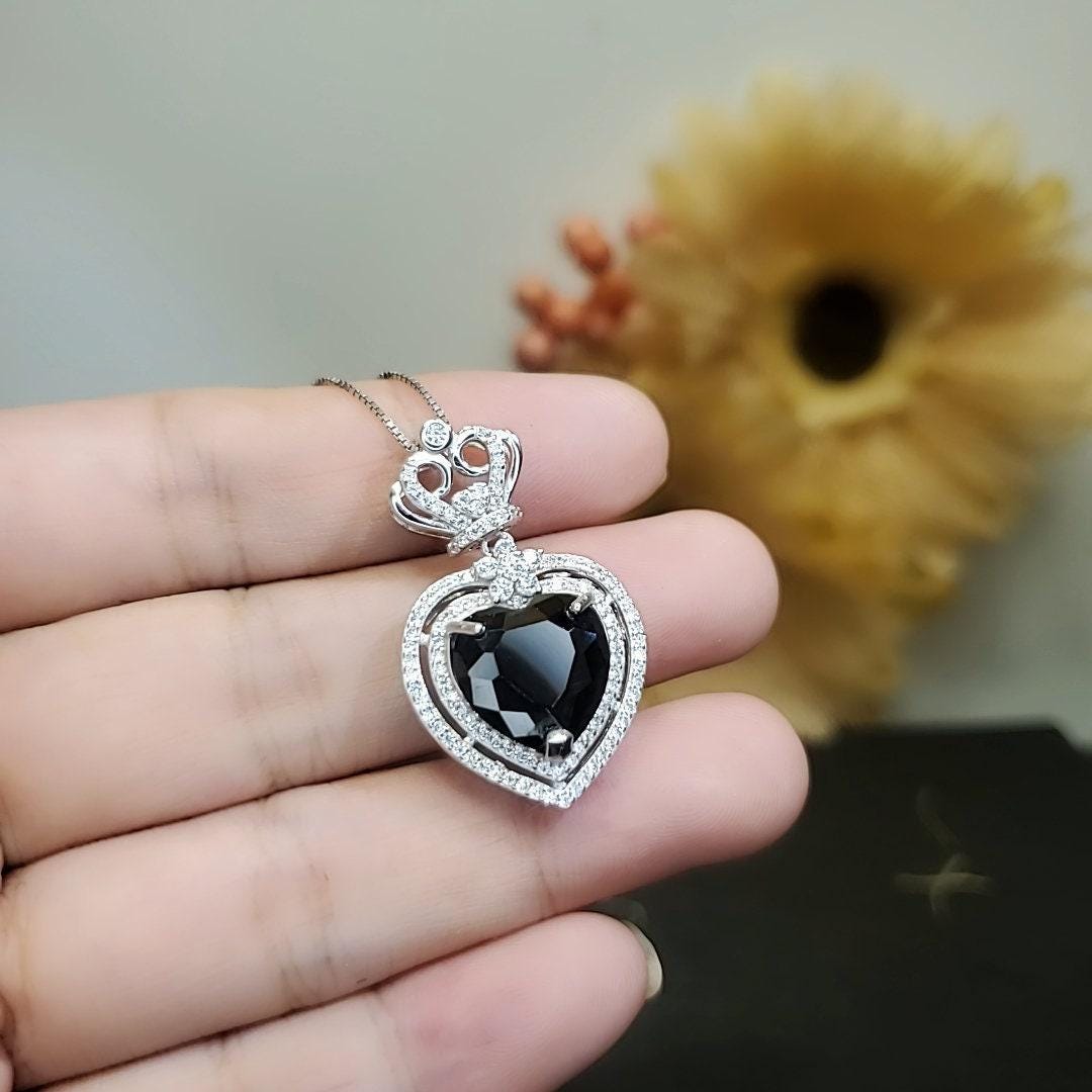 Black CZ Sterling Silver Necklace Large Black Heart Necklace Full 925 Sterling Silver Made 1054