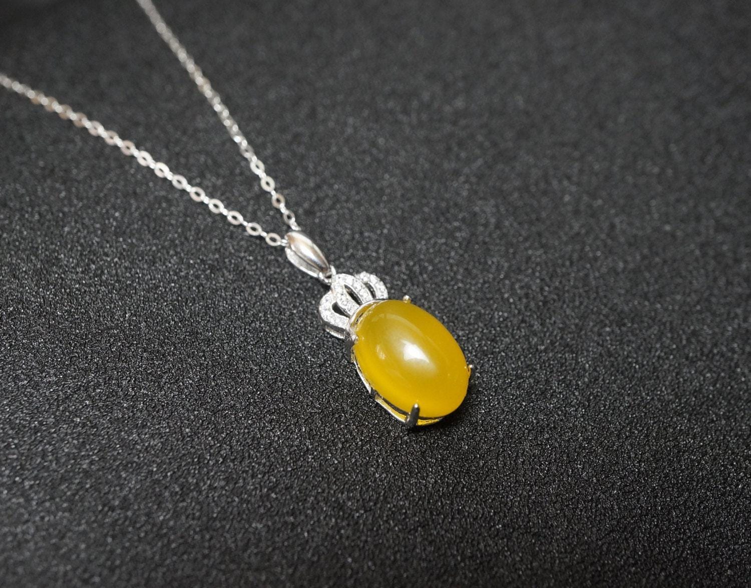 Diamond Crown Yellow Onyx Necklace White Gold Plated sterling silver chain November birthstone 1033