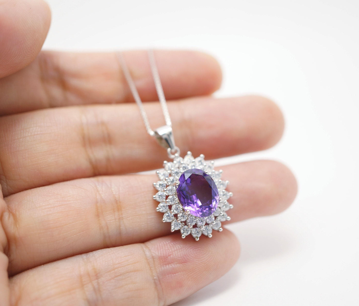 Large Genuine Amethyst Necklace - Sterling Silver Two Layer Cubic Zirconia - February Birthstone - Halo 3 CT Natural Amethyst Pendant 1116