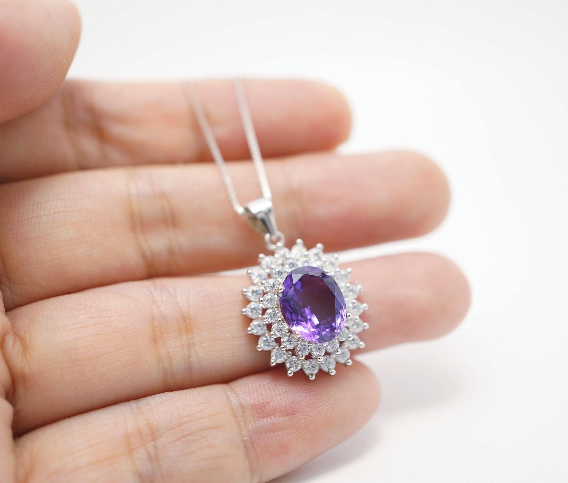 Large Genuine Amethyst Necklace - Sterling Silver Two Layer Cubic Zirconia - February Birthstone - Halo 3 CT Natural Amethyst Pendant 1116