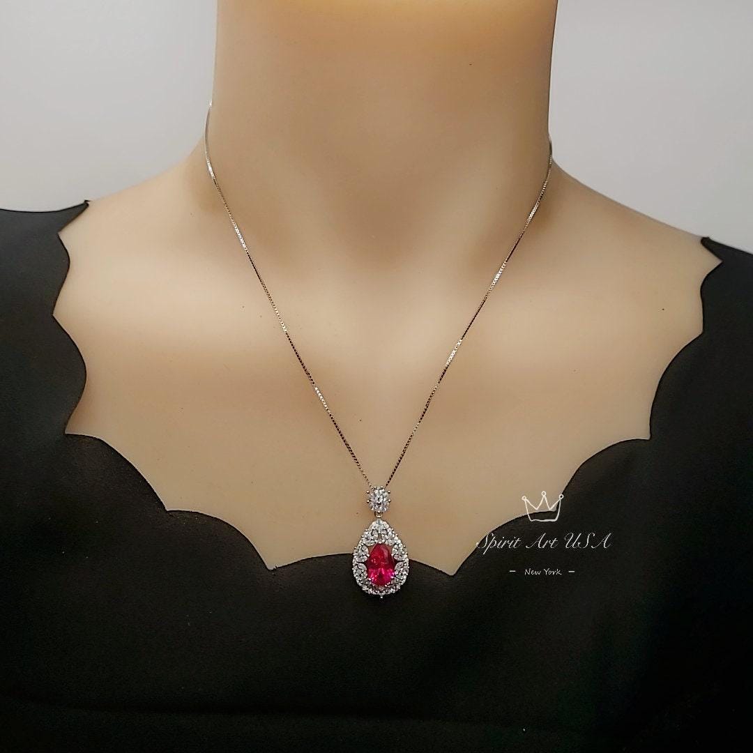 Large Teardrop Ruby Necklace - 3 CT Red Ruby Pendant - Gemstone Petal Flower - Wheat Style Necklace - 18KGP @ Sterling Silver #895
