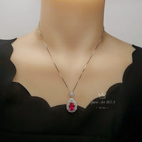 Large Teardrop Ruby Necklace - 3 CT Red Ruby Pendant - Gemstone Petal Flower - Wheat Style Necklace - 18KGP @ Sterling Silver #895