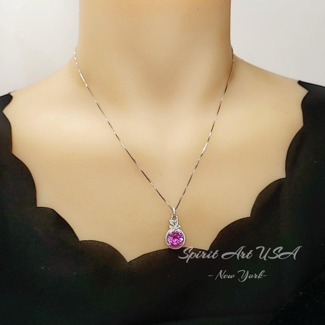 Pink tourmaline Round Cut Dimond Circle White gold Sterling silver 10mm Pink Tourmaline Jewelry #951