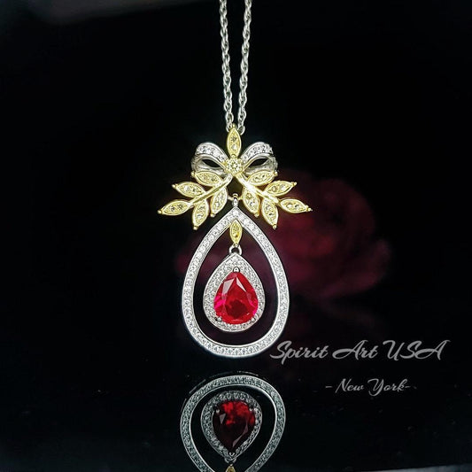 Teardrop Ruby Necklace - the Tree Of Life Pendant - 18KGP @ Sterling Silver - olive branch - 2.5 Ct Pear Cut Ruby Pendant #855