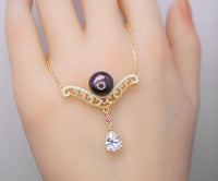 Genuine Black Pearl Necklace, Gold coated sterling Silver Teardrop Cubic Zirconia Black Pearl Jewelry #735