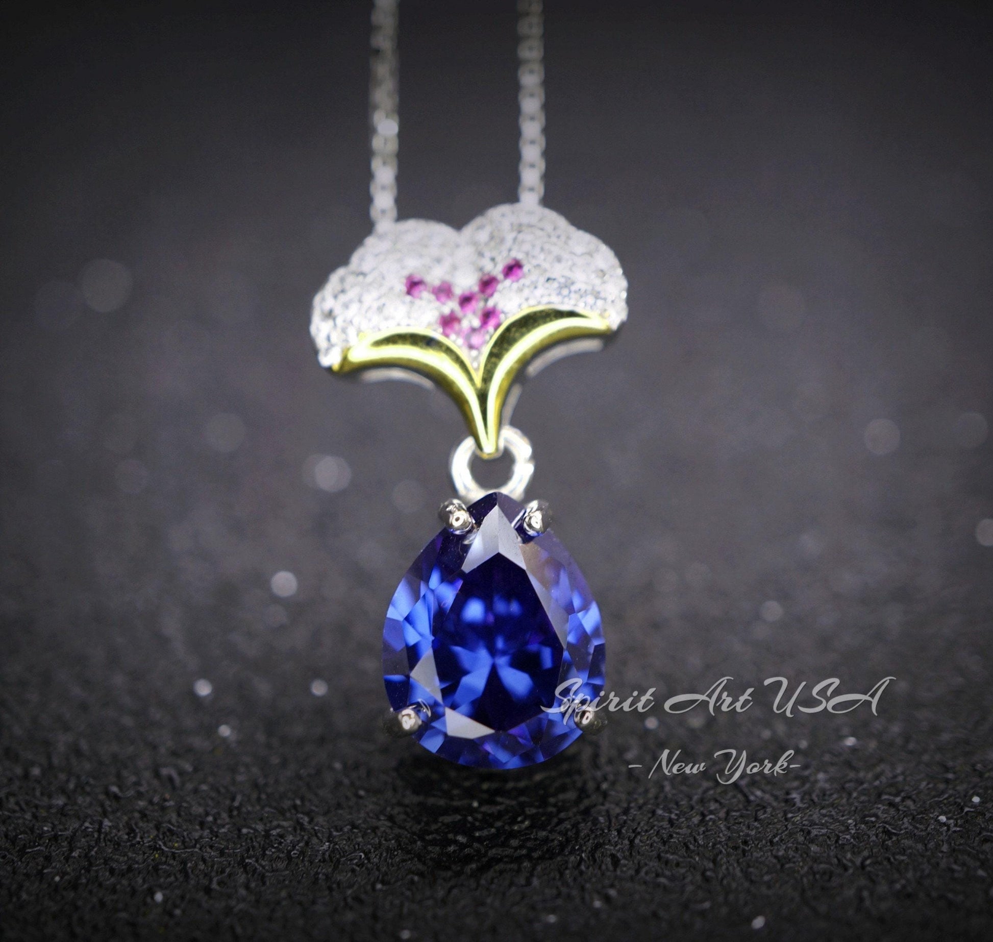 Pear Tanzanite Necklace - Ginkgo biloba 18KGP Sterling Silver - Large Teardrop 3.5 CT Tanzanite Pendant - Gemstone Leaf Jewelry #823