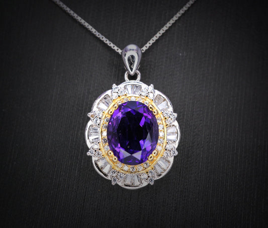 Genuine Amethyst Necklace - Sterling Silver Large Life of Flower 3 CT Natural Amethyst Necklace #781