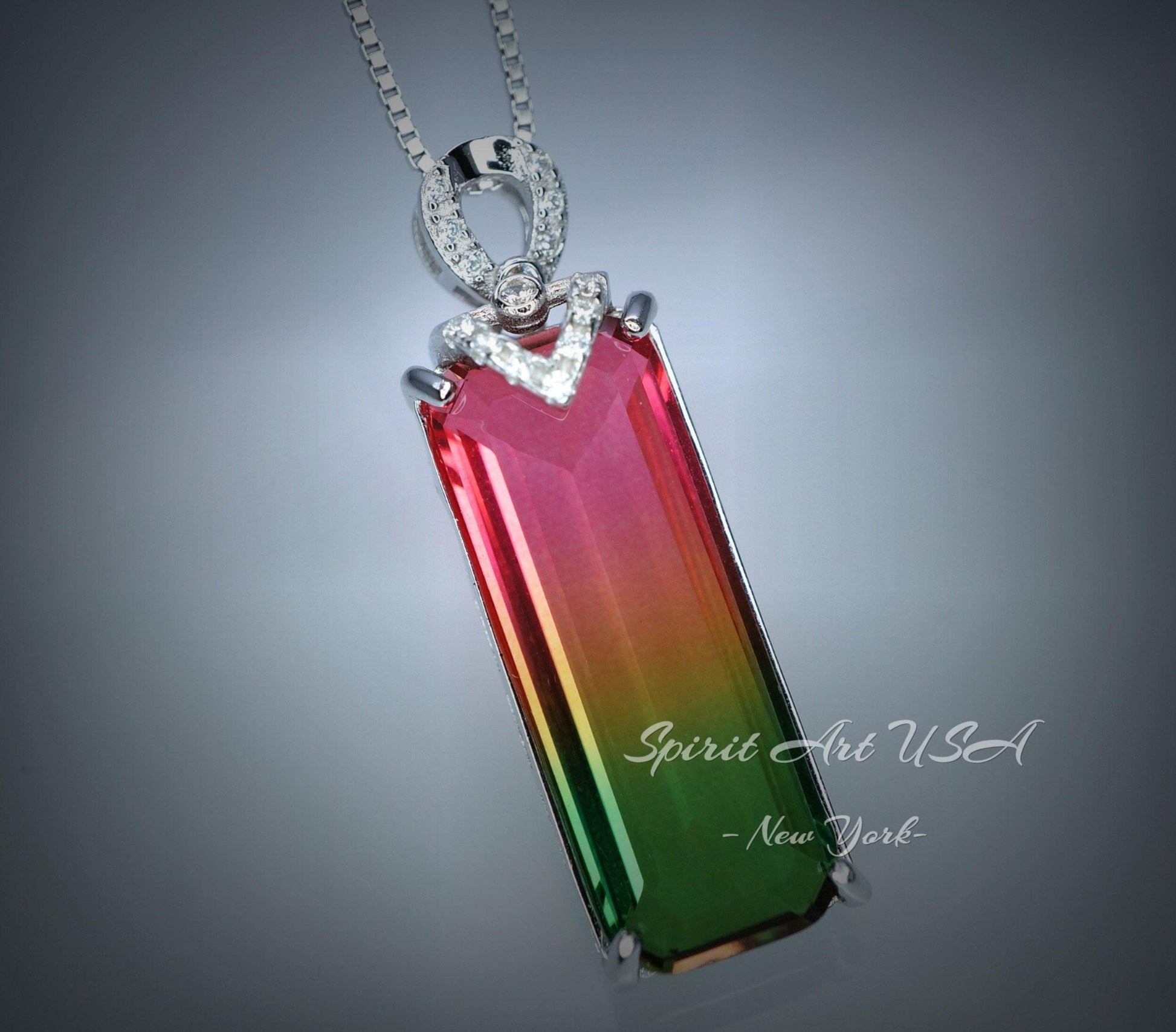 Watermelon Tourmaline Rectangle Necklace full Sterling Silver Rainbow Pink Lab Created Tourmaline Pendant #978