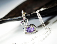 Natural Amethyst Necklace - Tiny Sterling Silver Couple Swan Necklace, Tiny Genuine Amethyst Pendant , Bird Animal Yoga Jewelry 1109