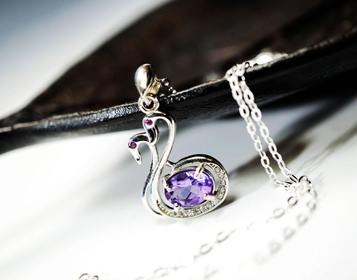 Natural Amethyst Necklace - Tiny Sterling Silver Couple Swan Necklace, Tiny Genuine Amethyst Pendant , Bird Animal Yoga Jewelry 1109