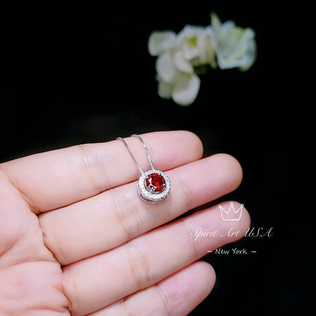Tiny Red Garnet Necklace Sterling Silver January Birthstone Mini Round Garnet Choker, 925 Minimalist Box Chain Luck Circle Pendant 038