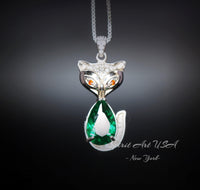 Emerald Necklace - Sterling Silver Green Gemstone Fox Pendant - 18KGP - Emerald Pets Lover Necklace #436