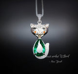 Emerald Necklace - Sterling Silver Green Gemstone Fox Pendant - 18KGP - Emerald Pets Lover Necklace #436