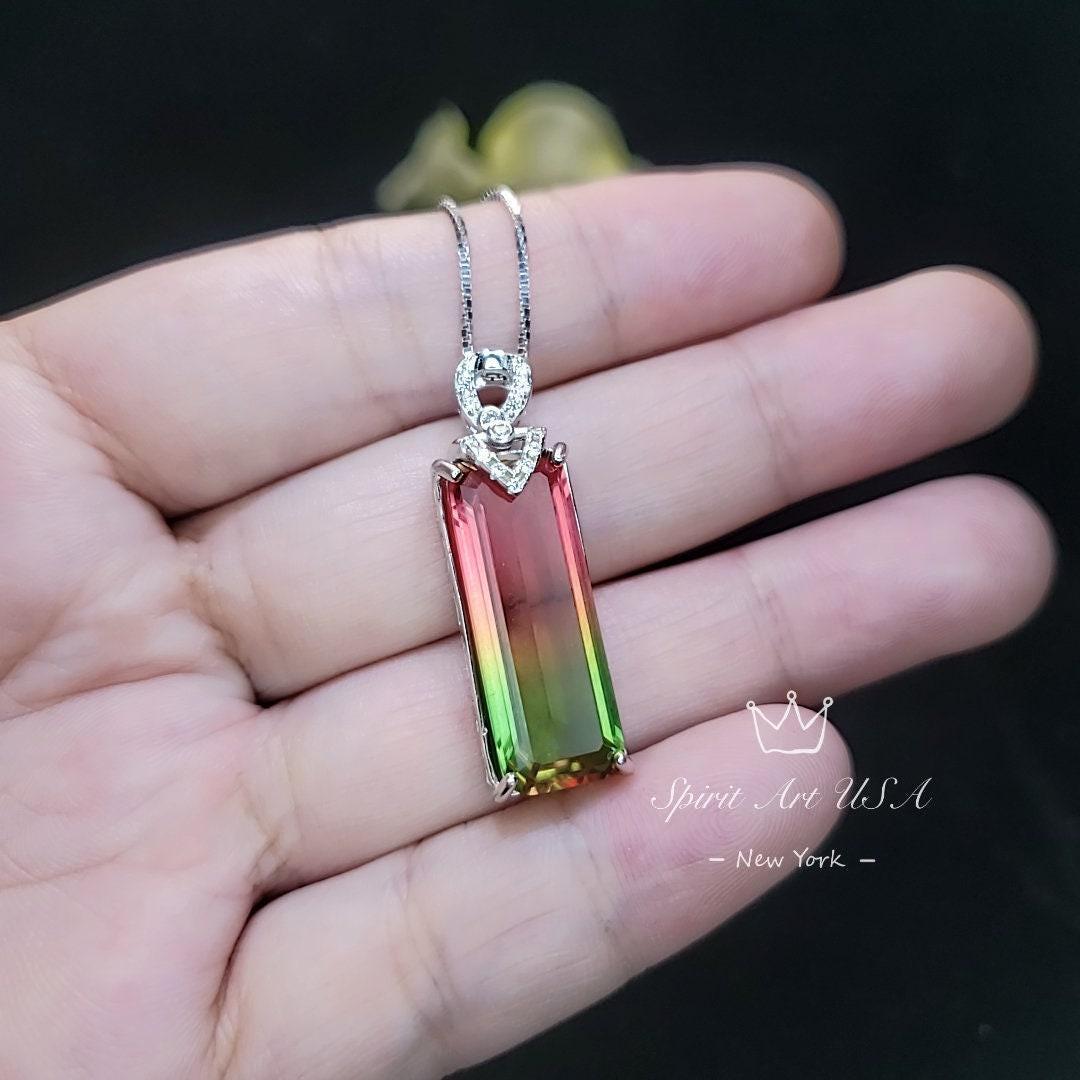 Watermelon Tourmaline Rectangle Necklace full Sterling Silver Rainbow Pink Lab Created Tourmaline Pendant #978