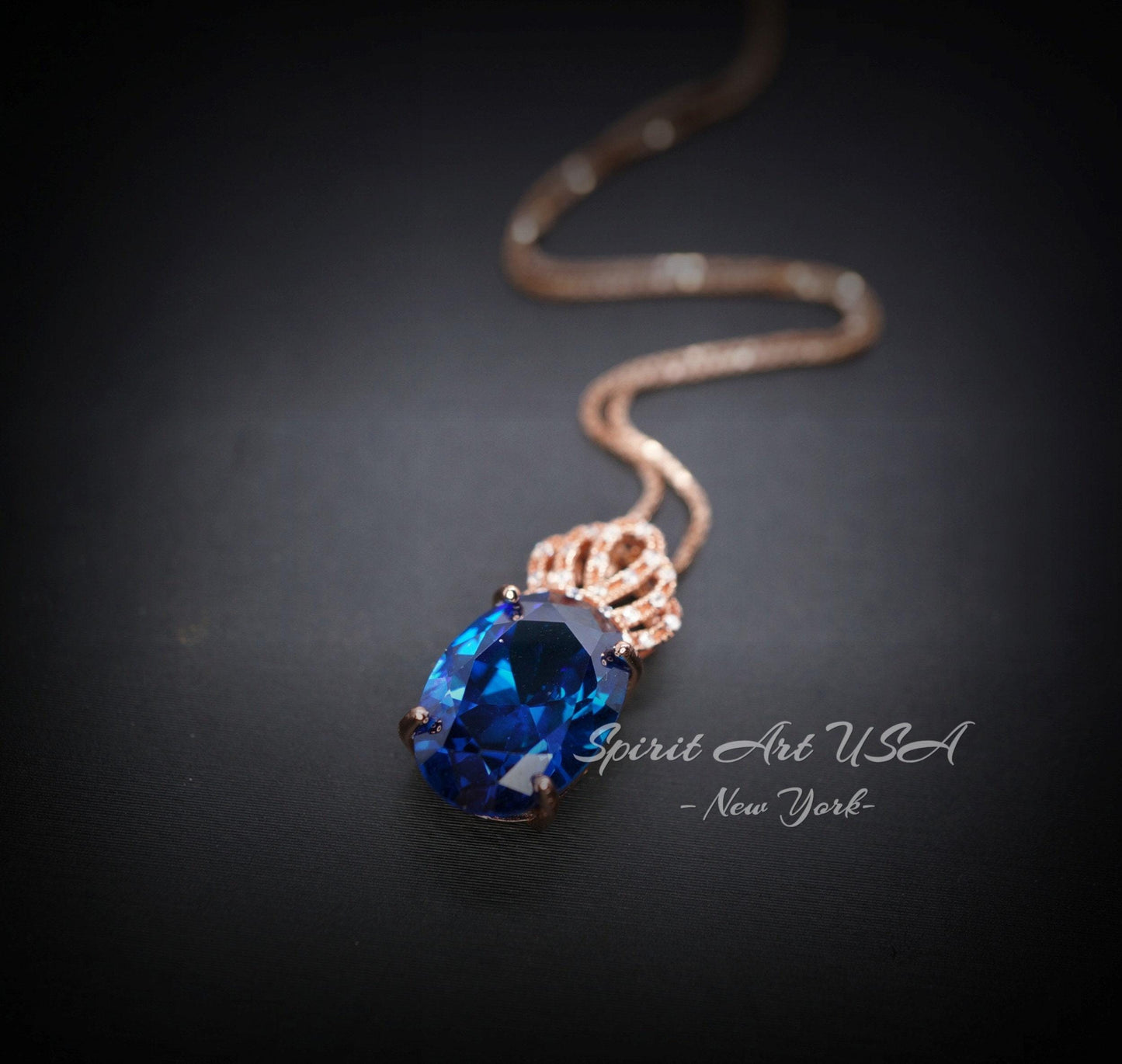 Sapphire Necklace Rose gold Sterling Silver - Large Gemstone Crown - 5 CT Oval Cut Lab Created Blue Sapphire Pendant #829