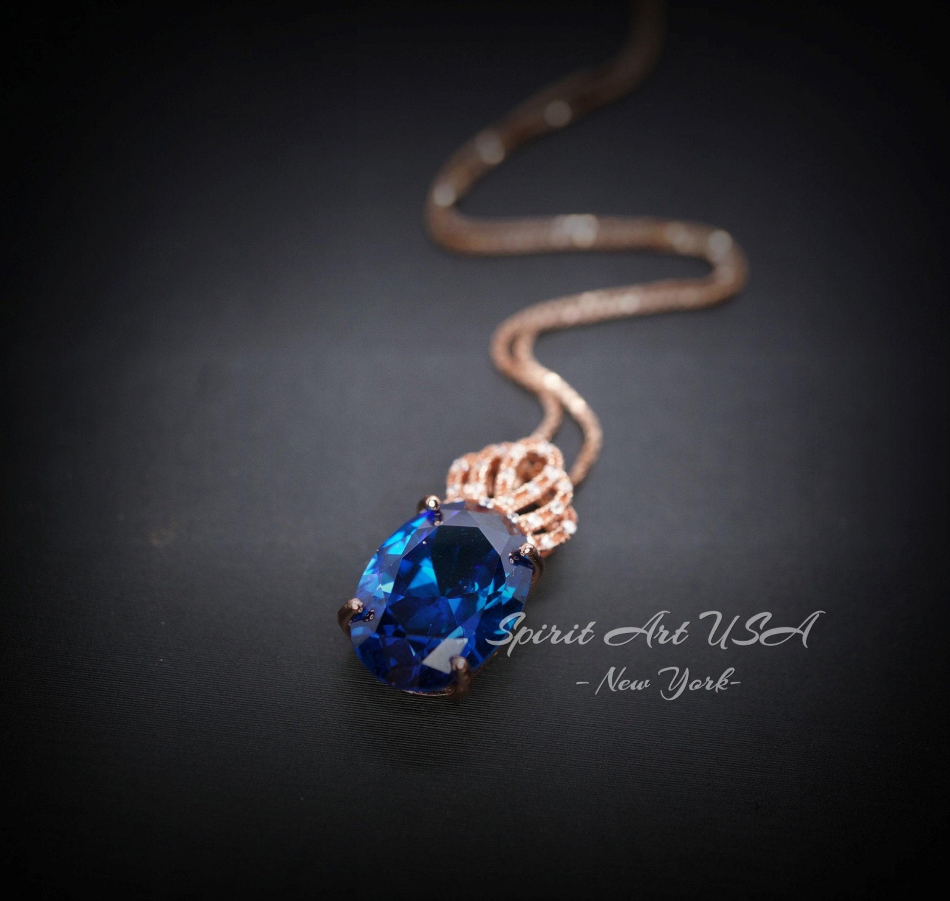Sapphire Necklace Rose gold Sterling Silver - Large Gemstone Crown - 5 CT Oval Cut Lab Created Blue Sapphire Pendant #829