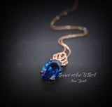 18K Rose Gold Coated Sapphire Necklace - Large Gemstone Crown Sterling Silver - 5 CT Oval Cut Lab Created Blue Sapphire Pendant #829