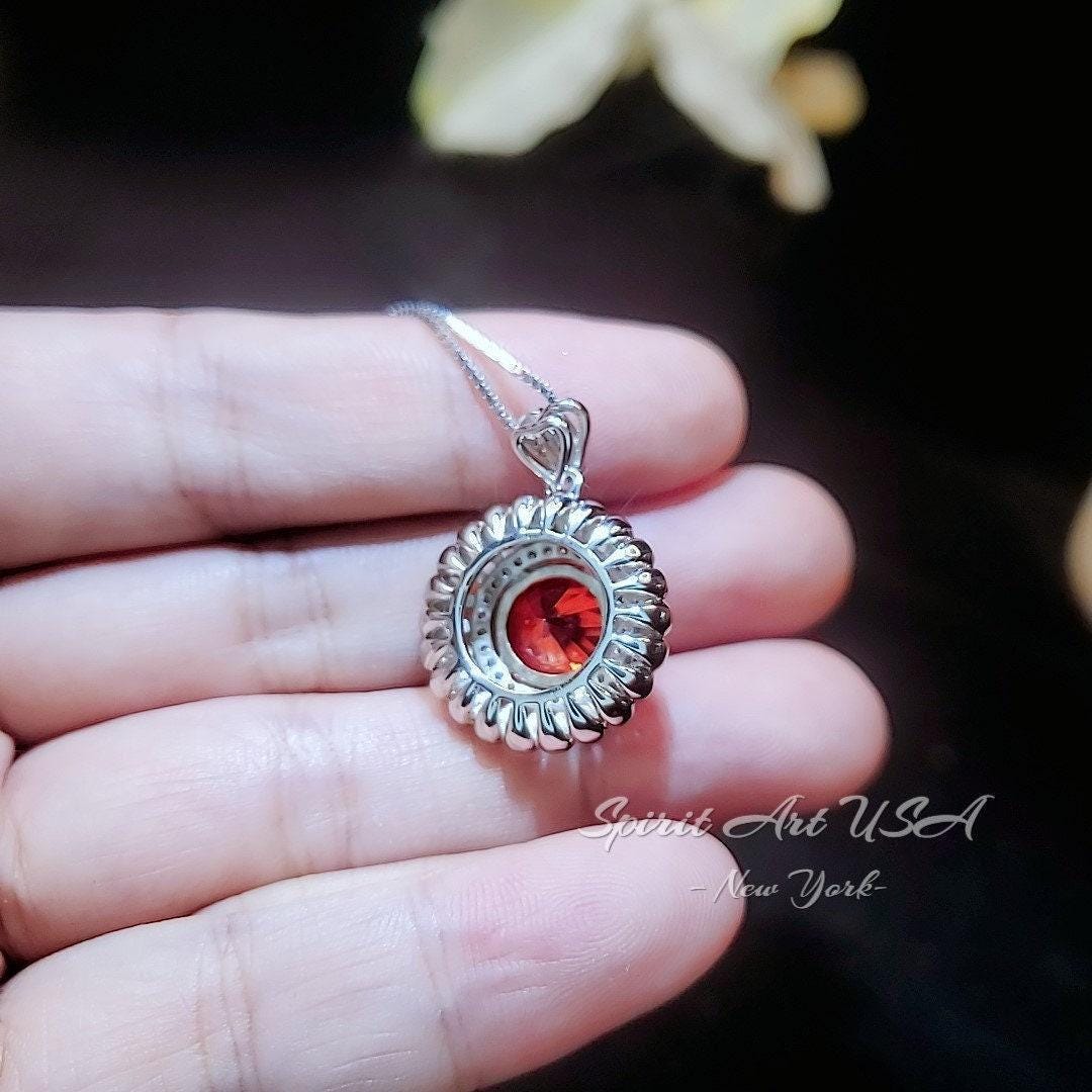 Tangerine Sapphire Sunstone Necklace - 18KGP Sunflower Pendant Full Sterling Silver Sunstone Jewelry Orange Spessartite Garnet Necklace #506
