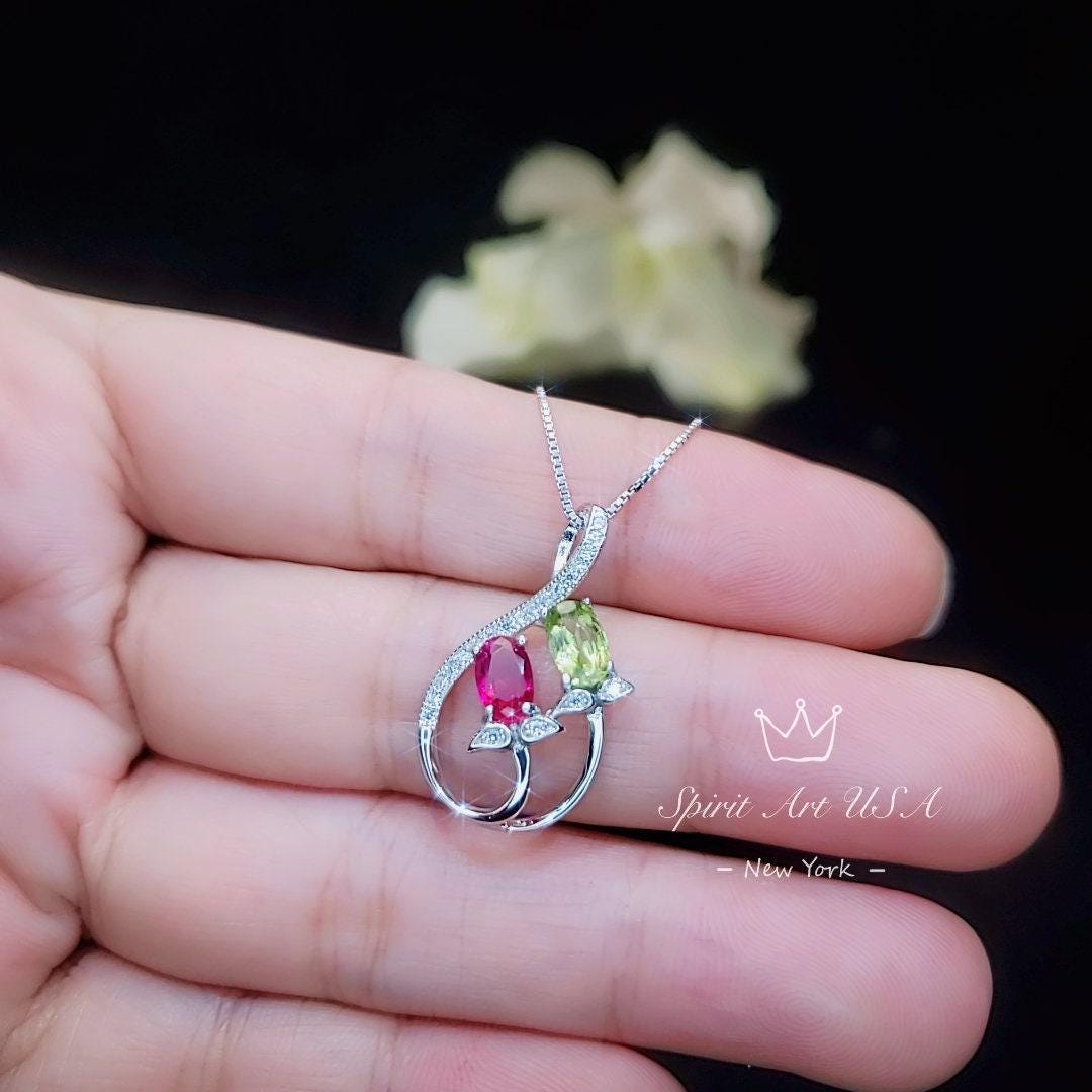 Dainty Ruby Necklace, Sterling Silver Green Peridot Necklace, Delicate Gemstone Flower High Quality Red Ruby Peridot Pendant #237
