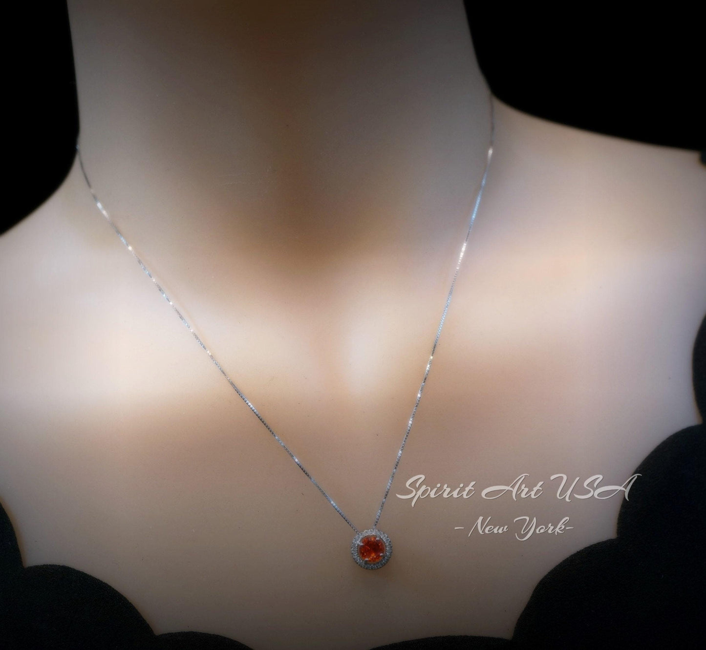 Tiny Round Sunstone Choker Necklace - Sterling Silver Circle Spessartite Garnet Jewelry - 18KGP Orange Gemstone Sunstone Pendant 039